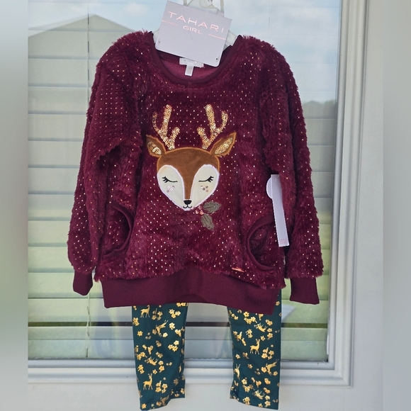 Tahari 2 Piece Set Outfit Sweater & Pants Girls 4T Green Red New - Picture 3 of 15